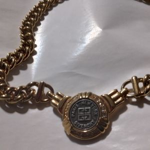 Rare Vtg 80s Givenchy Logo Coin Necklace 18k Gold Plated Over Pewter
